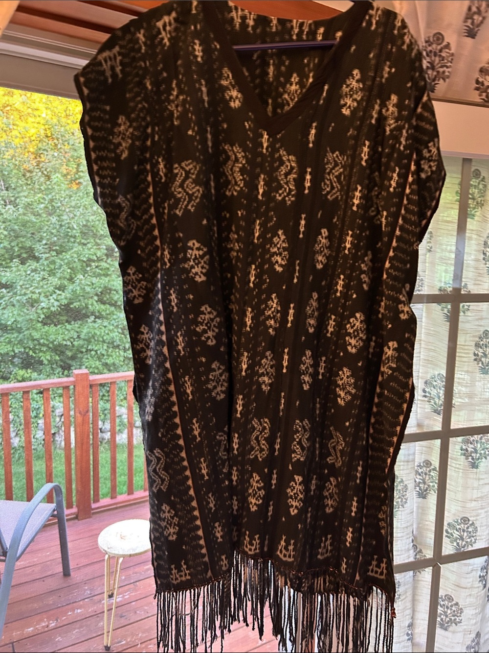 Black and Cream Fringe V-Neck Boho Poncho
